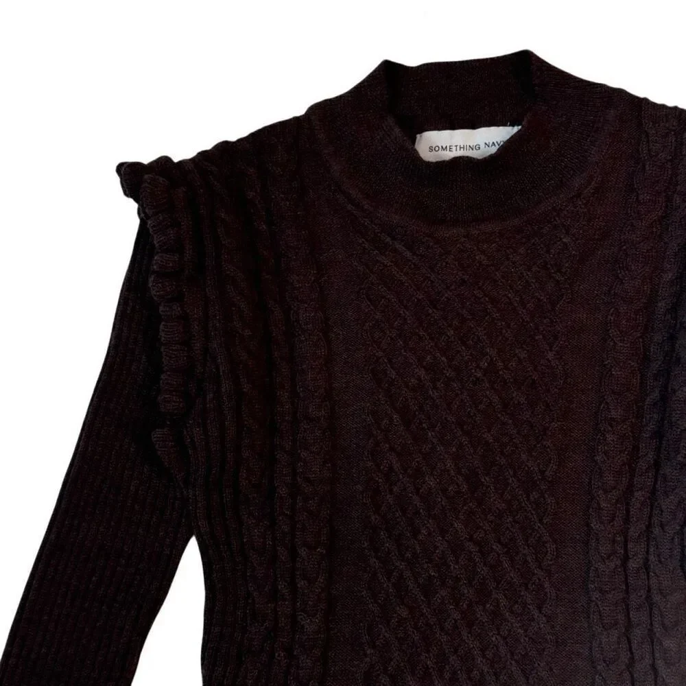 Something Navy Sara Sweater Extrafine Merino Wool Brown Ruffle Trim Cropped XS - Picture 4 of 10